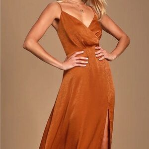 Lulu’s Constantine Rust Orange Satin Maxi dress